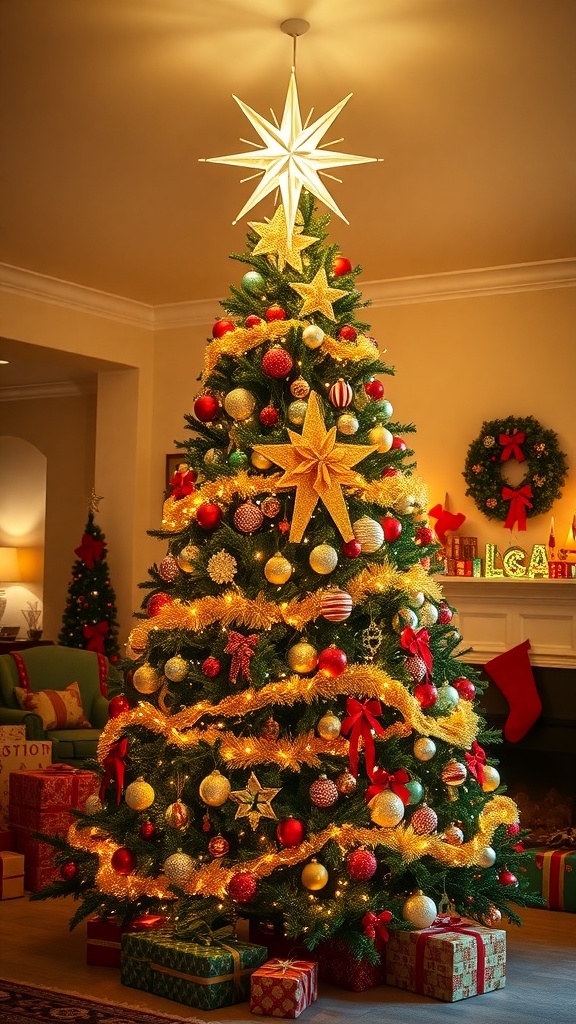 A tall Christmas tree with a star topper, decorated with ornaments and lights, in a cozy holiday setting.